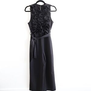 ZARA Black Pleated Ruffle Wide-Leg Belted Jumpsuit